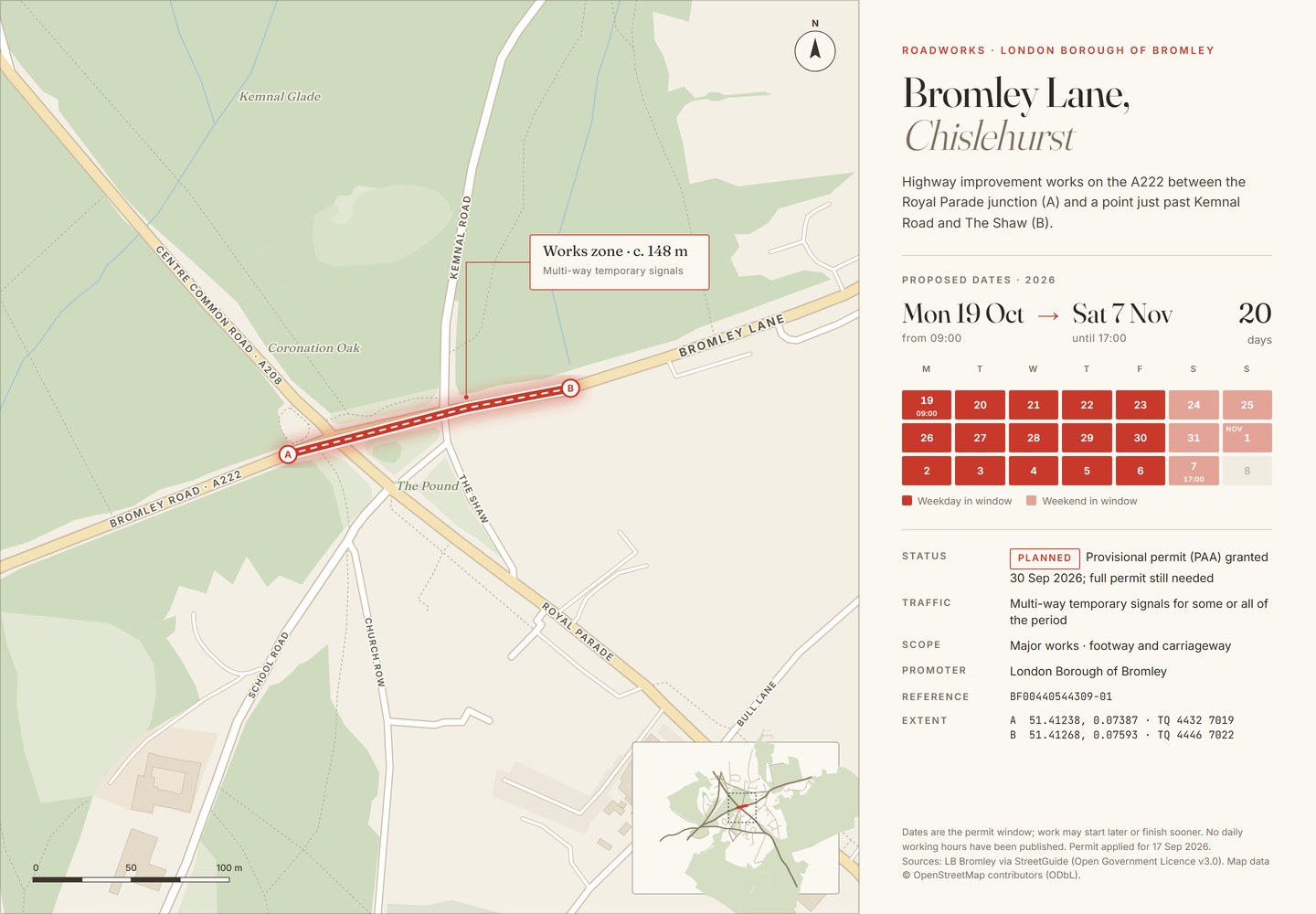 Map of the Bromley Lane roadworks in Chislehurst: about 150 metres of the A222 from the Royal Parade junction to just past the Kemnal Road junction, 19 October to 7 November 2026