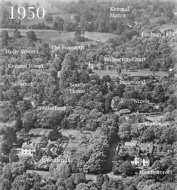 Annotated aerial photograph of Kemnal Road, 1950, showing all the major houses